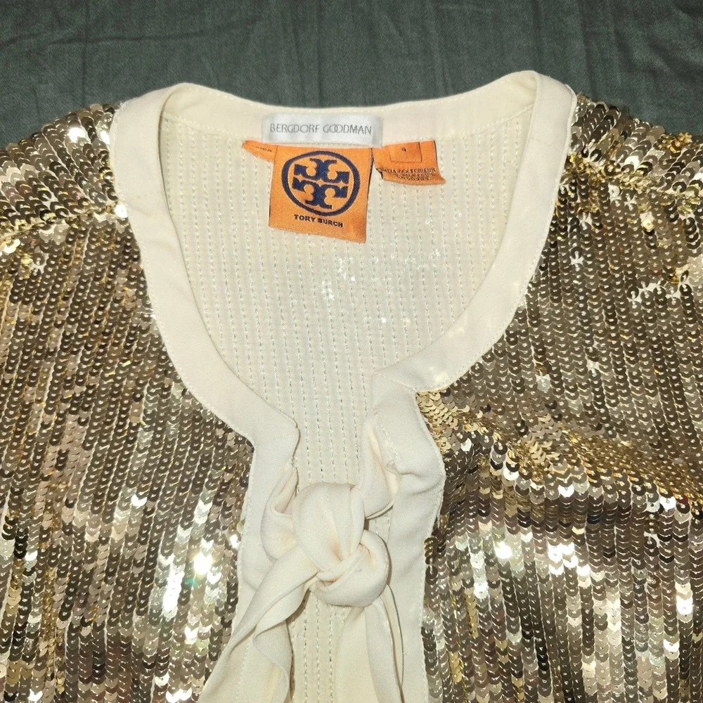 Tory Burch Bergdorf Goodman Gold Sequin Silk Tie Front Jacket Cardigan‎ Top SZ 4